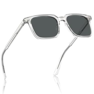 Imagem de CARFIA Óculos de sol retrô de acetato para homens com proteção UV polarizada, óculos escuros masculinos quadrados modernos para dirigir ao ar livre, 3-1. Armação transparente, lente cinza, One Size
