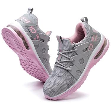 Imagem de Kezhiho Sapatos femininos de aço com amortecimento de ar, leve, confortável, respirável, à prova de perfuração, antiderrapante, construção indestrutível, sapatos de segurança industrial, D02404 Cinza