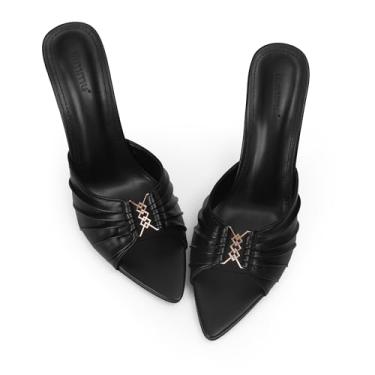 Imagem de iiimmu Sandálias de salto alto stiletto mules de 8,5 cm com bico fino e salto alto de couro sintético, Couro sintético - preto, 42