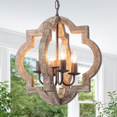 Imagem de Lustres modernos de casa de fazenda de 40 cm para sala de jantar luminária pendente de madeira de carvalho envelhecida 4 luzes rústica de teto para cozinha ilha quarto corredor entrada hall de entrada