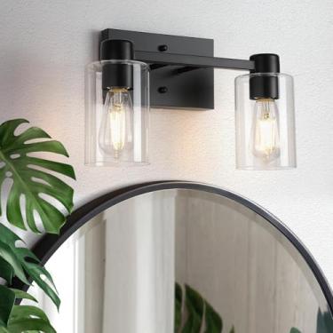 Imagem de Sheenkarion Luminária de banheiro preta fosca, 2 luzes para banheiro, espelho com sombra de vidro transparente, arandelas de parede de fazenda moderna para quarto, armário, cozinha, sala de estar