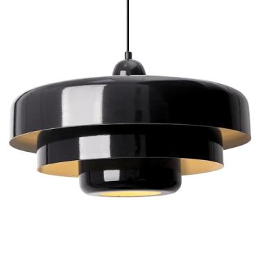 Imagem de Luzes pendentes pretas ilha de cozinha, luminárias pendentes de teto modernas, luminária suspensa ajustável, design de sombra de metal de 3 camadas, luz de montagem embutida vintage para mesa de