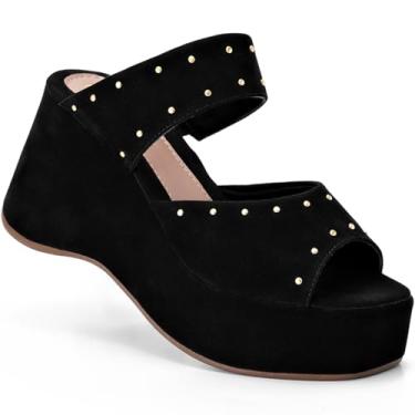 Imagem de Sandália Anabela Feminina Lumiss Camurção Rebite Tachas Dourada Plataforma Confortável preto38