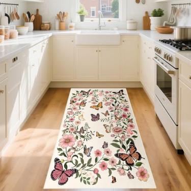 Imagem de Tapete floral de cozinha 6 cm x 15 cm - tapete lavável para sala de estar, boêmio, bege, tapetes pequenos para entrada, cozinha, entrada, interior, 6 x 15 cm, tapetes borboletas