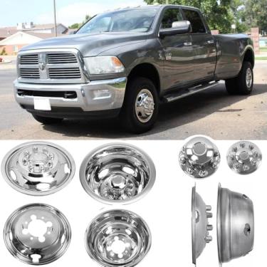 Imagem de BOOGADEE Simuladores de Roda Dupla de Aço Inoxidável Polido de 4 Unidades de 17", Parafuso de Aparência Agradável Na Tampa Da Roda com Tampa Central Removível, Kit de Calota de 8 Lug Adequado para 200