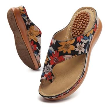 Imagem de Tilocow Sandálias femininas de salto plataforma ortopédicas confortáveis com suporte de arco sandálias femininas estilo cunha verão elegante chinelos casuais joanetes respiráveis, Floral, 37