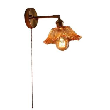 Imagem de Luminária de parede industrial, luminária de parede de latão com cúpula de vidro âmbar, luminária de parede de braço ajustável com corrente de puxar para quarto, sala de estar (amarelo)