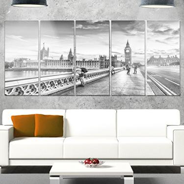 Imagem de Designart Linda arte de parede de metal brilhante paisagem urbana preta e branca de Londres, 60x28-5 painéis iguais