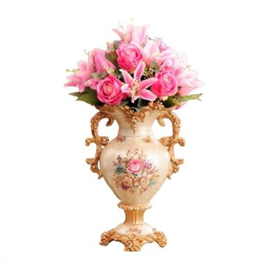 Imagem de Vasos altos de resina retrô estilo europeu com arranjos de flores artificiais, buquês para sala de estar, sala de jantar, mesa, centro de mesa, quarto, escritório, hotel, decoração de casa