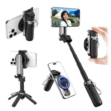 Imagem de Flymile Mini tripé magnético de bastão de selfie para iPhone, bolso portátil 4 em 1 multifuncional com rotação de 360° com controle remoto destacável/clipe/anel de metal para MagSafe/Android 【4 pernas