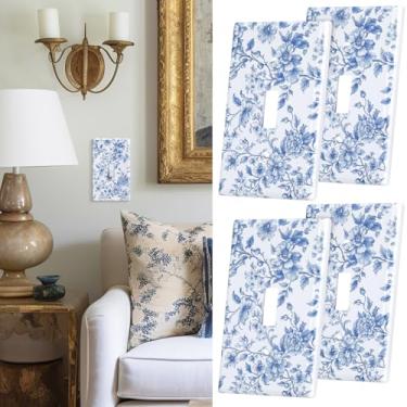 Imagem de 4 peças Chinoiserie Light Outlet Cover Plate 1 Gang Toggle Duplex Decorativo Único Interruptor de Luz Azul e Branco Linha Floral Arte Placa Frontal Elétrica Vitoriana (Interruptor Único)