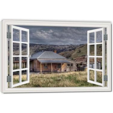 Imagem de Impressão em tela de ilusão de janela falsa As Darkness FellArtistic, arte de parede com vista panorâmica real para sala de estar 50 x 75 cm emoldurada