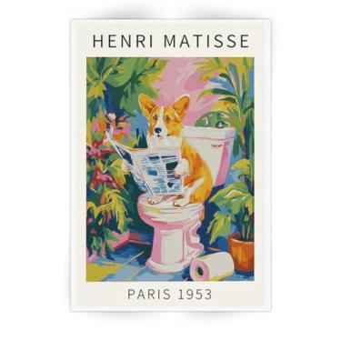 Imagem de SKINGE Arte de parede de banheiro engraçada Henri Matisse Estética de quarto retrô rosa decoração Corgi leitura jornal tela pintura impressão obras de arte animal banheiro arte estética imagens 30,5 x