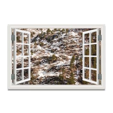 Imagem de Tela de janela falsa Snowy Road Up The MountainSpace-Saving, arte de parede cênica realista para quarto, casa, 80 x 120 cm, sem moldura