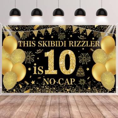 Imagem de SMENGGIL Black Gold This Skibidi Rizzler is 10 No Cap Happy Birthday Pano de Fundo Banner Fotografia Decorações de Fundo para Meninos Meninas 10º Ano Aniversário Acessórios Suprimentos 185 x 110 cm