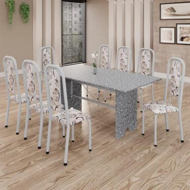 Imagem de Conjunto De Mesa Tubular 8 Cadeiras 180x75cm Mart Perola Com Tampo Em Granito Ocre Letícia 071 - Tudo De Móveis Preto Floral