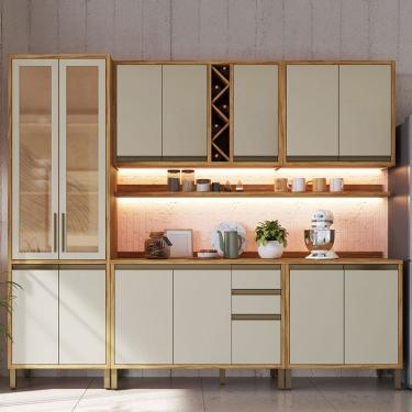 Imagem de Armário de Cozinha Modulada com Balcão e Tampo 13 Portas 3 Gavetas Pérola Plus com Prateleiras 100% Mdf Vidro Reflecta Amêndoa/Off White - Pnr