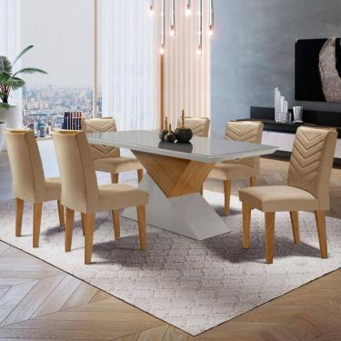 Imagem de Mesa Aster 180 Tampo Em Mdf E Vidro + 6 Cadeiras Liz Moderna Turim 07/off White/imbuia