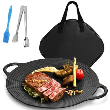 Imagem de Lawei Frigideira coreana para churrasco, frigideira de ferro fundido de 30 cm com saco, assadeira antiaderente redonda para indução, gás, fogão elétrico, interior/externo (30 cm, conjunto de 4 peças)
