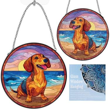 Imagem de Dachshund para pendurar em vitrais, presentes de cachorro para mulheres amantes de animais de estimação, apanhador de sol com corrente de metal e ganchos, arte de vidro para decoração de janela