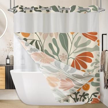 Imagem de Miyotaa Cortina de chuveiro retrô de flor Matisse sem gancho com forro de encaixe, planta minimalista abstrata verde sálvia laranja camadas duplas 71x74H com acessórios de banho de malha transparente