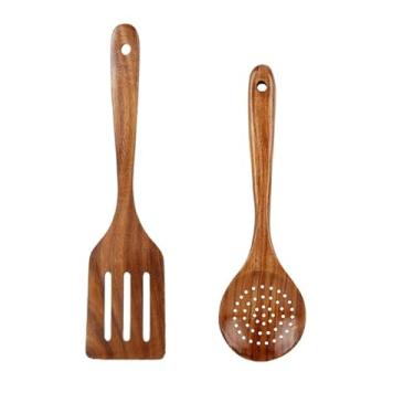 Imagem de Conjunto de utensílios de madeira de 2 peças, espátula de filtro de 3 linhas e escumadeira, adequado para mexer e drenar panelas antiaderentes