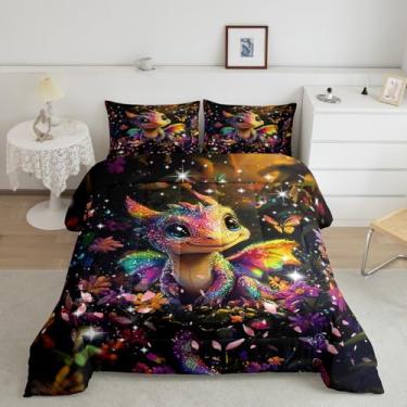 Imagem de Feelyou Conjunto de edredom de dragão, solteiro, para meninos e meninas, adolescentes, flores brilhantes, conjunto de edredom para decoração de quarto, preto de carbono