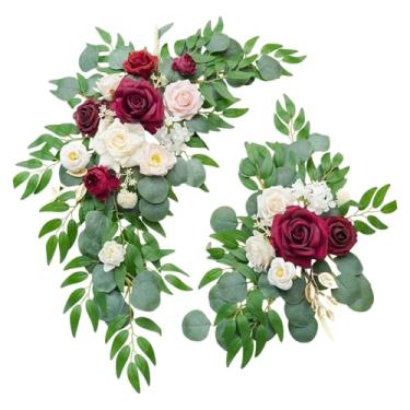 Imagem de Nishiyuenyi 2 peças de flores de arco de casamento, guirlanda floral artificial decorativa, lintel de porta, folhas verdes para vegetação, janela de cerimônia em, Vermelho