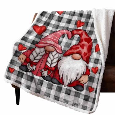 Imagem de Cobertor Valentiens para amantes de gnomos, manta de lã de ovelha, cobertor para sofá, cama, coração vermelho, preto, xadrez, felpudo, macio, reversível, cobertores grossos e quentes para o inverno
