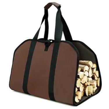 Imagem de ESUOHYM Bolsa de madeira de lona para manuseio de lenha para suporte de lenha portátil de madeira, bolsa de coleção para acampamento, fogão, lareira (marrom)