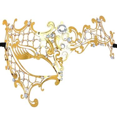 Imagem de J.CARP Máscara de baile de máscaras para mulheres, máscaras de metal com strass brilhantes, máscara de festa veneziana, decorações de carnaval, estilo 2, ouro