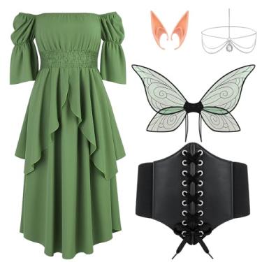 Imagem de ZhouBoat Vestido renascentista fantasia de fada para mulheres com corrente de cabeça, orelhas de elfo e espartilho cosplay de Halloween, P