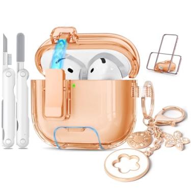Imagem de Joremx Capa transparente para Airpods 4, capa transparente de TPU macio para Apple Airpods 4ª geração (2024) com kit de limpeza trava e chaveiro brilhante, função de suporte de telefone (ouro rosa)