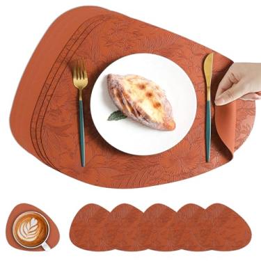Imagem de Jogo americano de couro PU, conjunto de 6, tapetes de mesa florais em relevo em forma de gota d'água, resistente ao calor, para mesa de jantar, fácil de limpar (marrom)