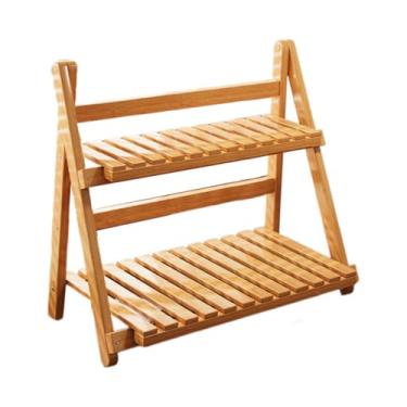 Imagem de WeiLaiKeQi Suporte para plantas de bambu, organizador de mesa, escada prática, 2 níveis, suporte para vasos, prateleira para plantas para cozinha, pátio, casa, Castanho Claro 40cm