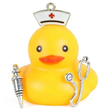 Imagem de BOZILY Decoração de painel de pato de enfermeira - alívio de estresse pato de borracha com estetoscópio e acessórios de seringa, ornamento de interior de carro engraçado para carro, caminhão, mesa de