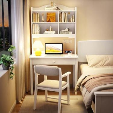 Imagem de Yadlan Study Desk with Hutch and Drawer Kids, Small Desk with Drawer for School Children, Kids Room Writing Desk with 3 Layers Bookshelf, Kids Study Table Wood White 80cm