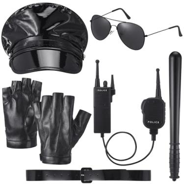 Imagem de Mepase 7 peças de acessórios de fantasia de polícia feminina conjunto de acessórios de policial fantasia de policial com luvas de bastão chapéu cinto e walkie-talkie para Halloween