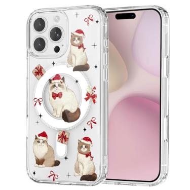 Imagem de OFQKOAKS Capa magnética de Natal para iPhone 15 Pro, compatível com MagSafe, capa de telefone com design de caixa de laço de gato festivo fofo, capa protetora fina e transparente para mulheres e