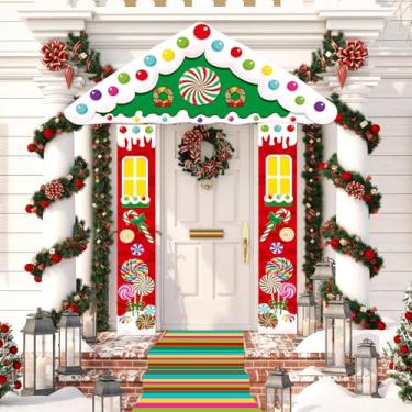 Imagem de Namalu 4 peças de decoração de porta de doces de Natal bandeira de porta de bengala de doce colorido tapete de corredor pirulito sinal de fundo para Natal, inverno, ano novo, férias, cozinha, vermelho
