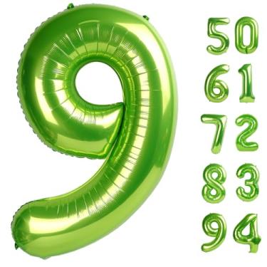 Imagem de 9 balões verdes claros, balões numéricos de 102 cm, decorações de aniversário gigantes para meninas, suprimentos de decoração de festa de 19º 29, balão número 9