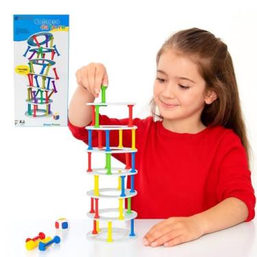 Imagem de Jogo Derruba Torre Multicolorido, Brinquedo de Empilhar e Equilibrar, Plástico, 25 Colunas Coloridas, 7 Anéis, 1 Dado, 3+ Anos