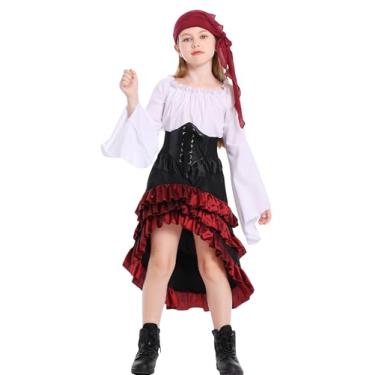 Imagem de Happy Cherry Roupa renascentista para meninas com camisa de manga comprida renascentista medieval saia pirata espartilho cinto lenço de cabeça branco