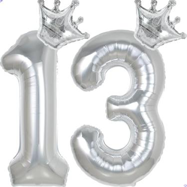 Imagem de 13 balões com números de 101,6 cm prata para decorações de aniversário de 13 anos para meninas e meninos, balões gigantes jumbo de 13 anos de Mylar