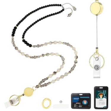 Imagem de AIDSOTOU Cordões para crachás de identificação e chaves, cordão de professor com contas de pedra natural para mulheres, cordão retrátil com porta-identidade, cordões fofos para professores (preto)