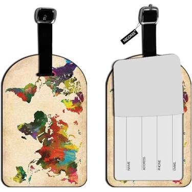 Imagem de Nicokee Etiquetas de identificação coloridas do globo da Terra mapa arco-íris cartões de couro etiquetas de mala de viagem etiquetas de identificação de mala de viagem