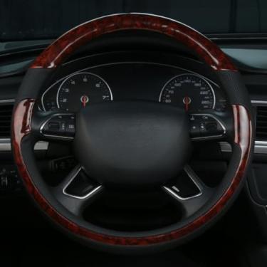Imagem de Knonip Capa de volante automotivo de couro de grão de madeira, antiderrapante, inodoro, quatro estações, protetor universal de roda de carro de 38 cm (café de grão de madeira)