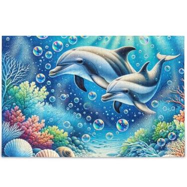 Imagem de Quebra-cabeças personalizados de 1000 peças de fundo do mar com bolhas de golfinhos fofos para adultos, decoração de arte divertida, quebra-cabeça de arte branca, 75 x 50 cm