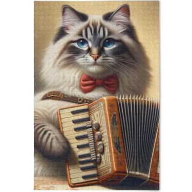 Imagem de Quebra-cabeça adulto personalizado acordeão gato fofo 1000 peças presentes para jogo de elefante branco Prime Family Puzzles impressão animal arte decoração, 75 cm x 50 cm