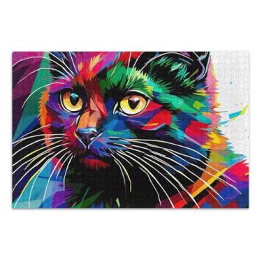 Imagem de Quebra-cabeça de gato preto colorido arco-íris brilhante 1000 peças adultos arte floral animal personalizado rígido grande quebra-cabeça branco presentes elefantes brancos, 75 x 40 centímetros